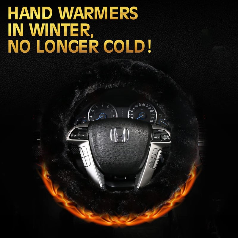 Cxtiy Warm Steering Wheel Cover with Handbrake Cover & Gear Shift Cover, Soft Fazzy Steering Wheel Wrap Faux Wool Fluffy for Winter 3 Pcs1 Set Fit Most of Car(Black) - Image 4